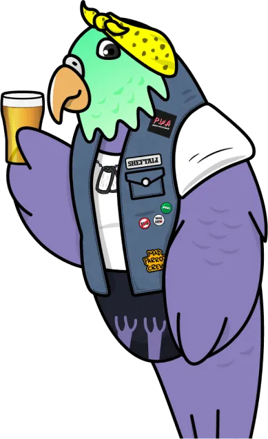 A purple parrot with a green head, holding a beer, wearing a bandana and a denim jacket